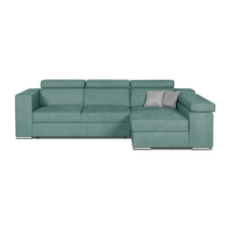 Canapé d'angle droit 4 places convertible + coffre + 2 coussins déco - Tissu vert menthe - L 274 x P 180 x H 81 cm - DENVER