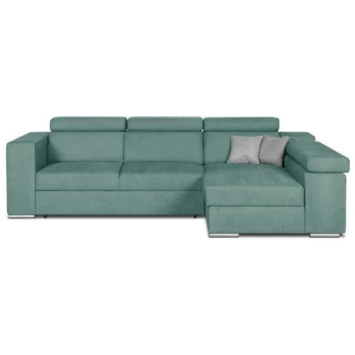 Canapé d'angle droit 4 places convertible + coffre + 2 coussins déco