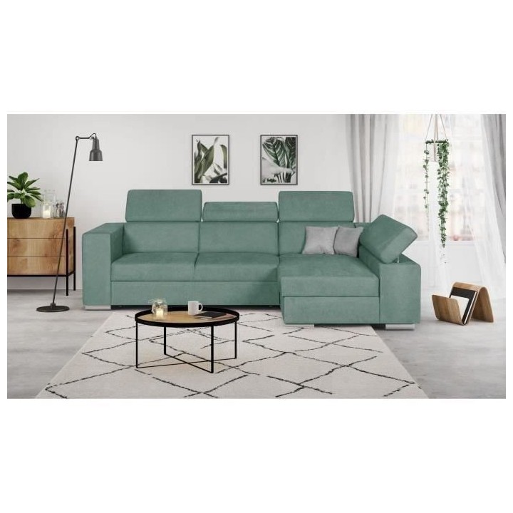 Canapé d'angle droit 4 places convertible + coffre + 2 coussins déco