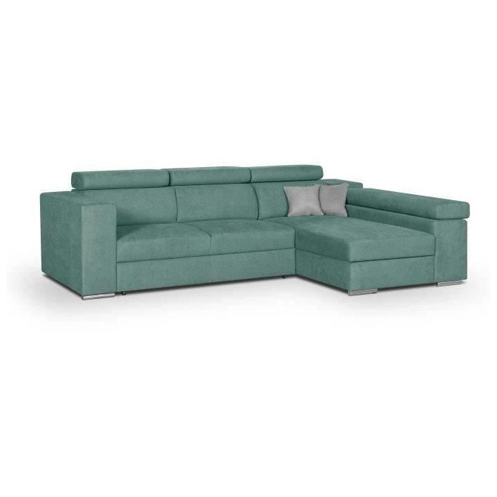 Canapé d'angle droit 4 places convertible + coffre + 2 coussins déco