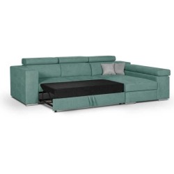 Canapé d'angle droit 4 places convertible + coffre + 2 coussins déco - Tissu vert menthe - L 274 x P 180 x H 81 cm - DENVER