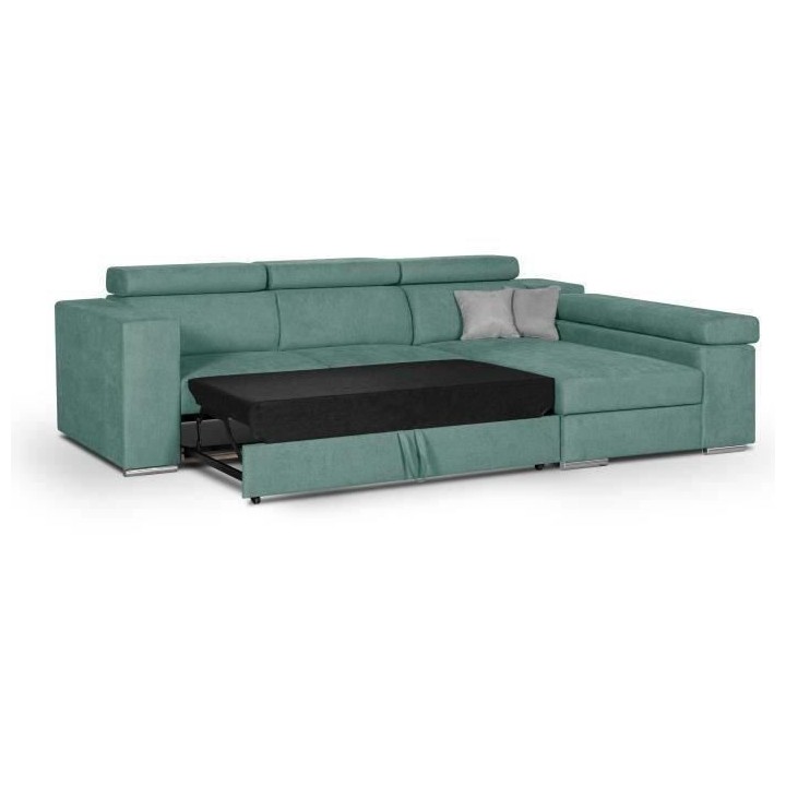 Canapé d'angle droit 4 places convertible + coffre + 2 coussins déco