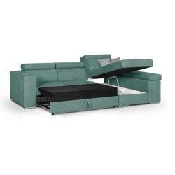 Canapé d'angle droit 4 places convertible + coffre + 2 coussins déco - Tissu vert menthe - L 274 x P 180 x H 81 cm - DENVER