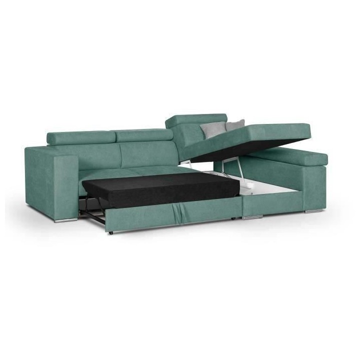 Canapé d'angle droit 4 places convertible + coffre + 2 coussins déco