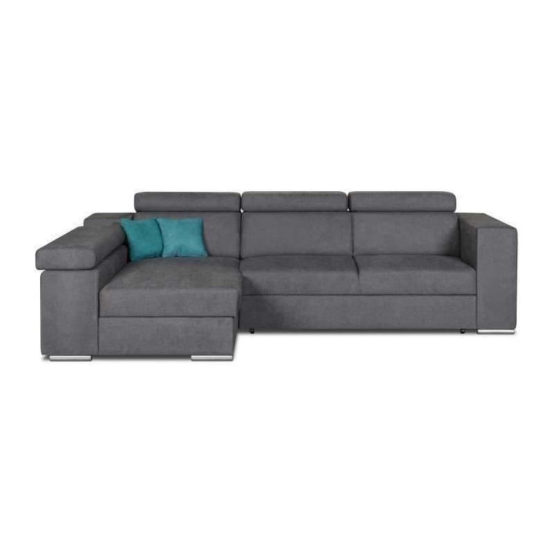 Canapé d'angle gauche 4 places convertible + coffre + 2 coussins déco - Tissu gris - L 274 x P 180 x H 81 cm - DENVER