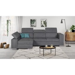 Canapé d'angle gauche 4 places convertible + coffre + 2 coussins déco - Tissu gris - L 274 x P 180 x H 81 cm - DENVER