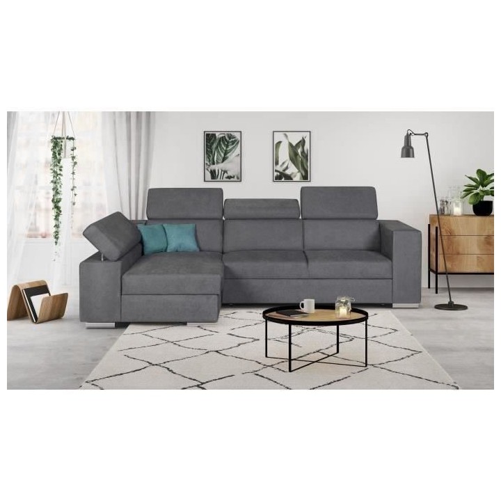 Canapé d'angle gauche 4 places convertible + coffre + 2 coussins déc