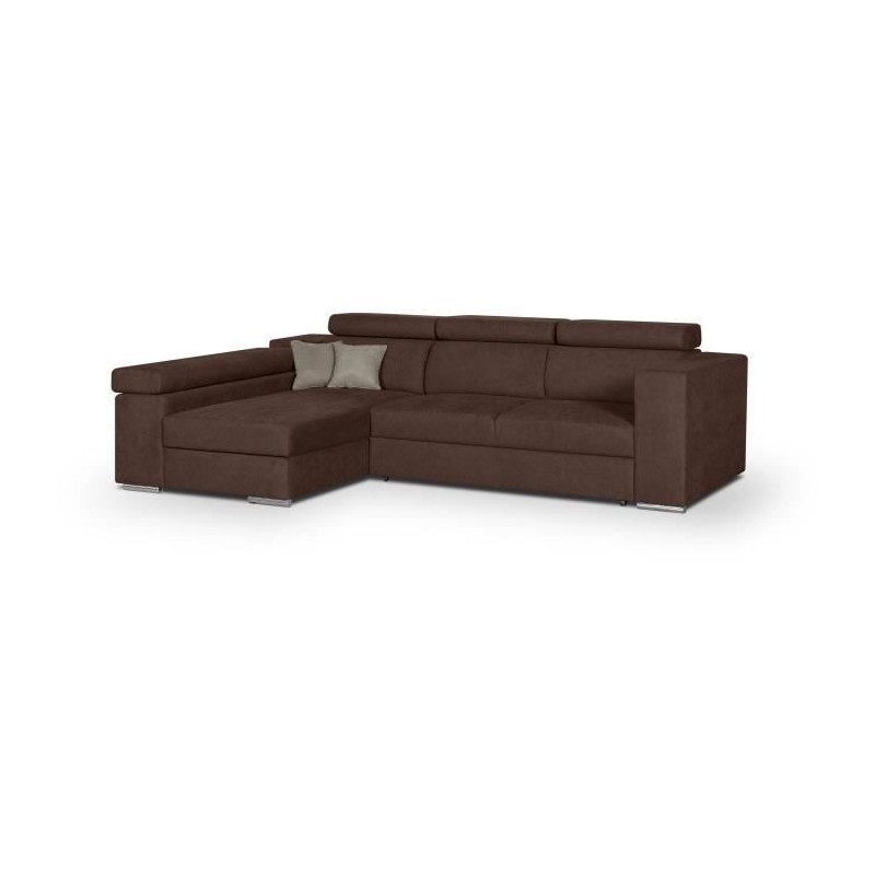 Canapé d'angle gauche 4 places convertible + coffre + 2 coussins déco - Tissu marron - L 274 x P 180 x H 81 cm - DENVER