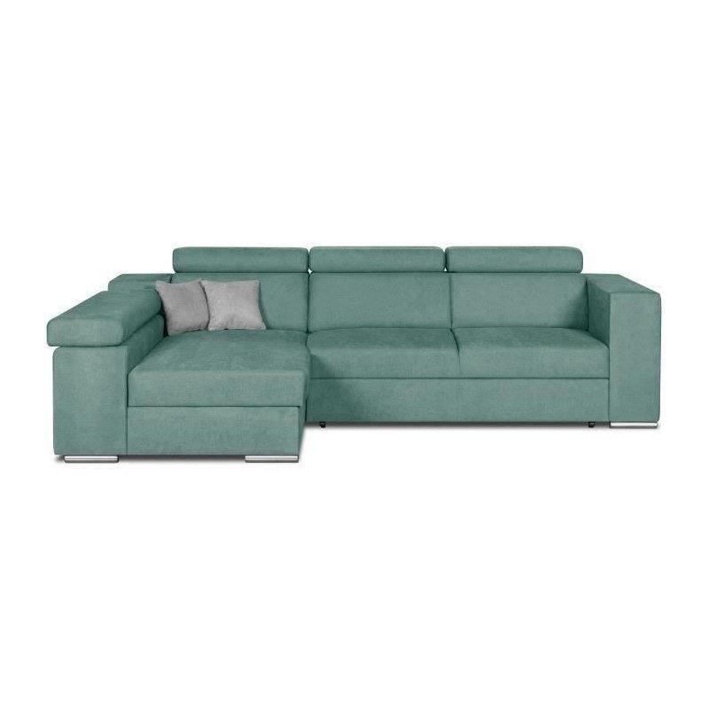 Canapé d'angle gauche 4 places convertible + coffre + 2 coussins déco - Tissu vert menthe - L 274 x P 180 x H 81 cm - DENVER