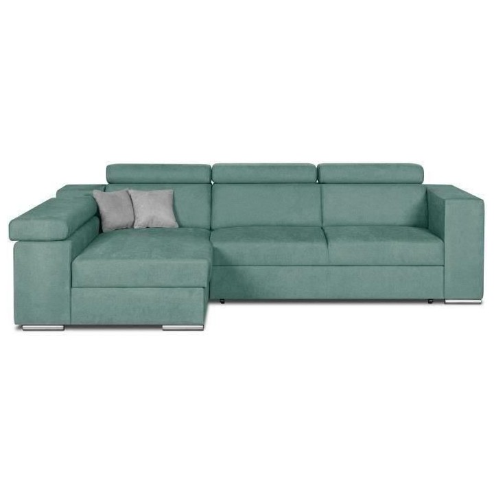 Canapé d'angle gauche 4 places convertible + coffre + 2 coussins déc