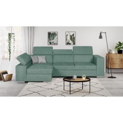 Canapé d'angle gauche 4 places convertible + coffre + 2 coussins déco - Tissu vert menthe - L 274 x P 180 x H 81 cm - DENVER