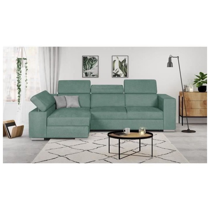 Canapé d'angle gauche 4 places convertible + coffre + 2 coussins déc