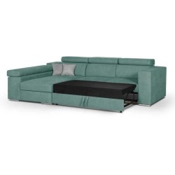 Canapé d'angle gauche 4 places convertible + coffre + 2 coussins déco - Tissu vert menthe - L 274 x P 180 x H 81 cm - DENVER