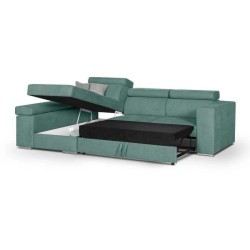 Canapé d'angle gauche 4 places convertible + coffre + 2 coussins déco - Tissu vert menthe - L 274 x P 180 x H 81 cm - DENVER