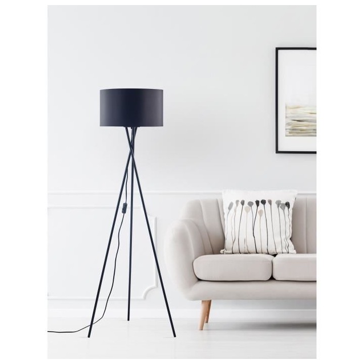 MIKADO - Lampadaire Trépied Métal Noir - Abat jour tissu Noir et dor