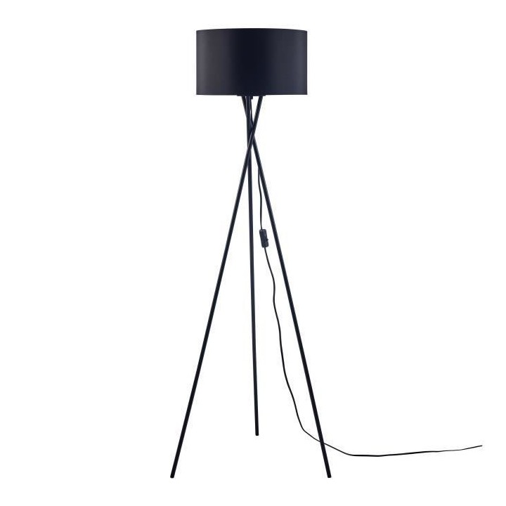MIKADO - Lampadaire Trépied Métal Noir - Abat jour tissu Noir et dor