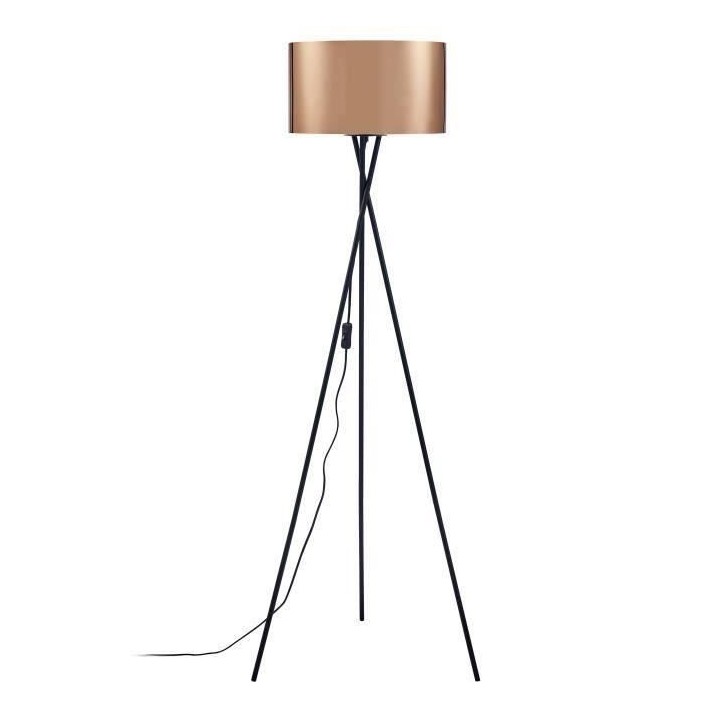 MIKADO - Lampadaire Trépied Métal Noir - Abat jour Cuivre et Chromé