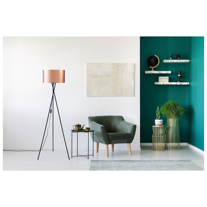 MIKADO - Lampadaire Trépied Métal Noir - Abat jour Cuivre et Chromé