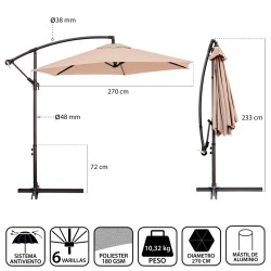 Parasol Monty Beige Aluminium 270 cm