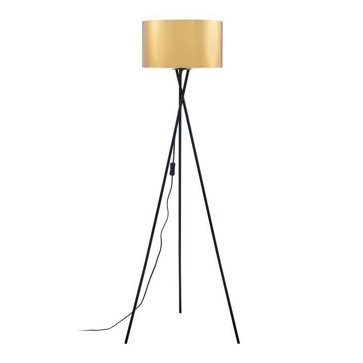 MIKADO - Lampadaire Trépied Métal Noir - Abat jour Doré et Chromé