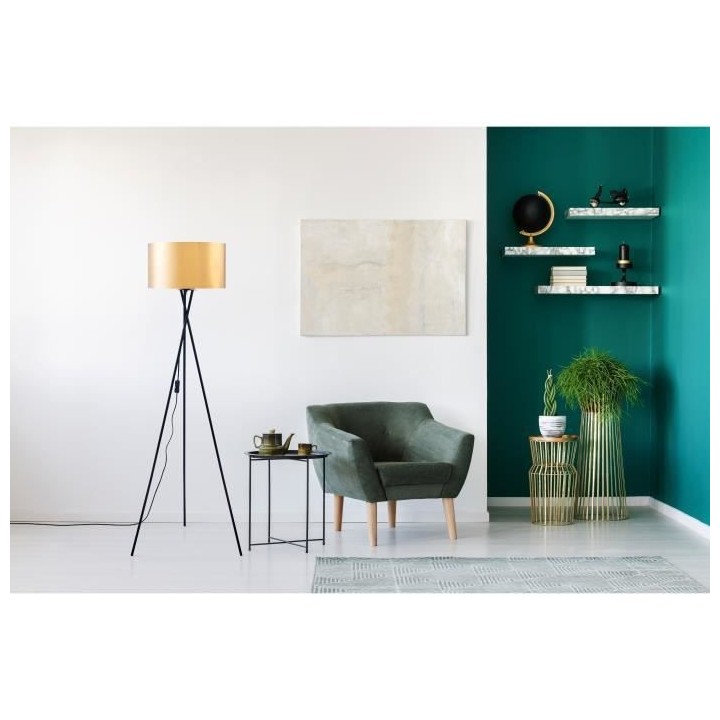 MIKADO - Lampadaire Trépied Métal Noir - Abat jour Doré et Chromé