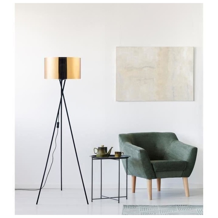 MIKADO - Lampadaire Trépied Métal Noir - Abat jour Doré et Chromé