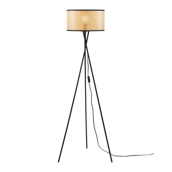 MIKADO - Lampadaire Trépied Métal Noir - Abat jour Imitation Cannage