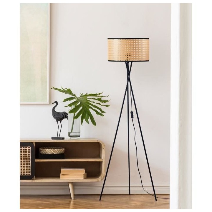 MIKADO - Lampadaire Trépied Métal Noir - Abat jour Imitation Cannage