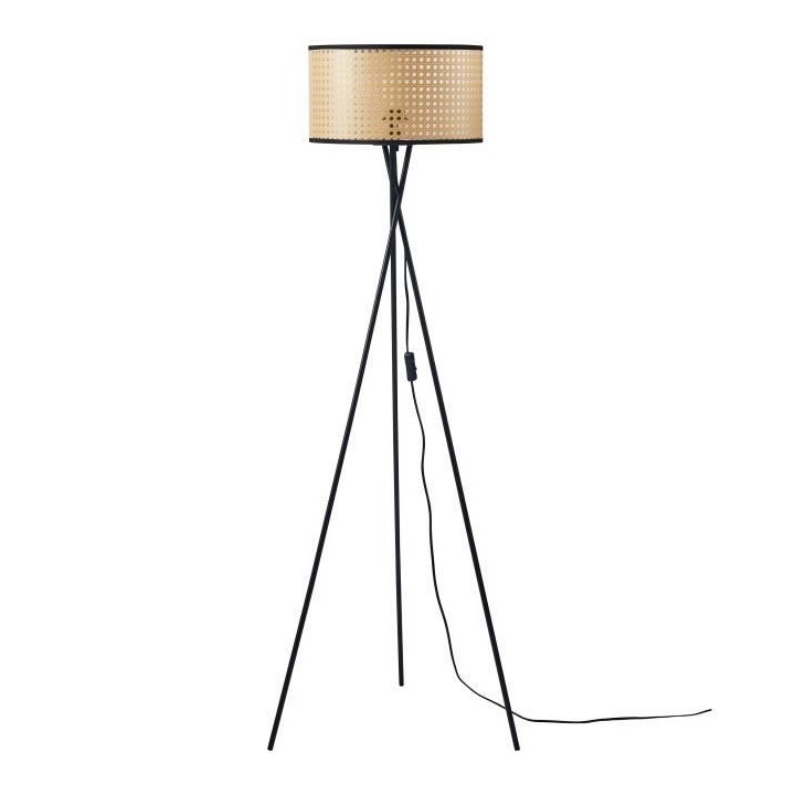 MIKADO - Lampadaire Trépied Métal Noir - Abat jour Imitation Cannage