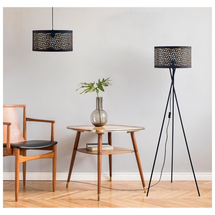 Suspension - Métal et tissu - 40 x H 140 cm - Noir Perforé et Doré