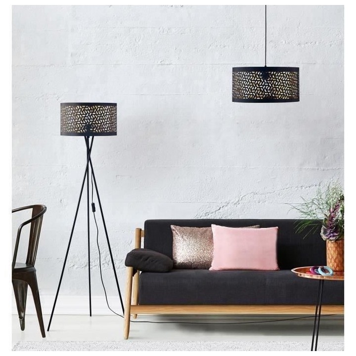 Suspension - Métal et tissu - 40 x H 140 cm - Noir Perforé et Doré