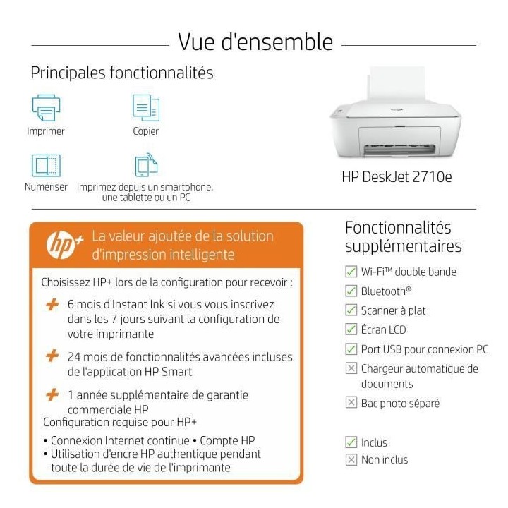 HP DeskJet 2710e Imprimante tout-en-un Jet d'encre couleur - 6 mois d'