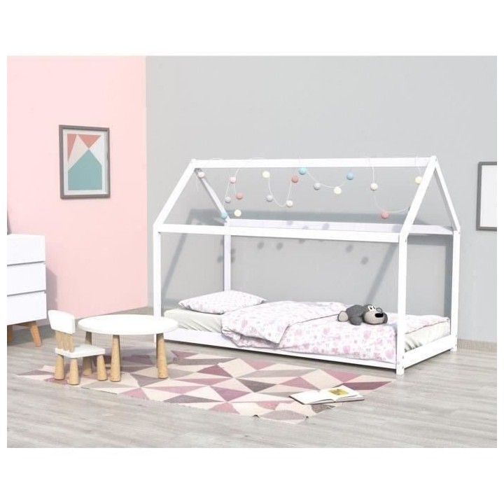 WEBER PANDA Lit enfant cabane Montessori - Bois pin massif blanc - Som