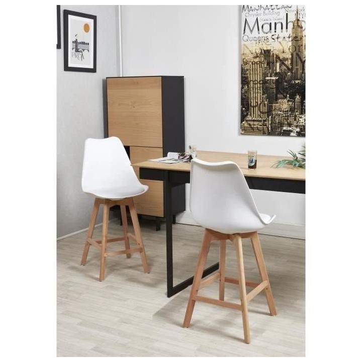 BJORN Lot de 2 tabourets de bar pieds en bois hetre massif - Revetemen