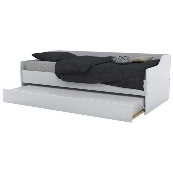 WEBER Lit gigogne contemporain blanc + sommier en bois épicéa massif