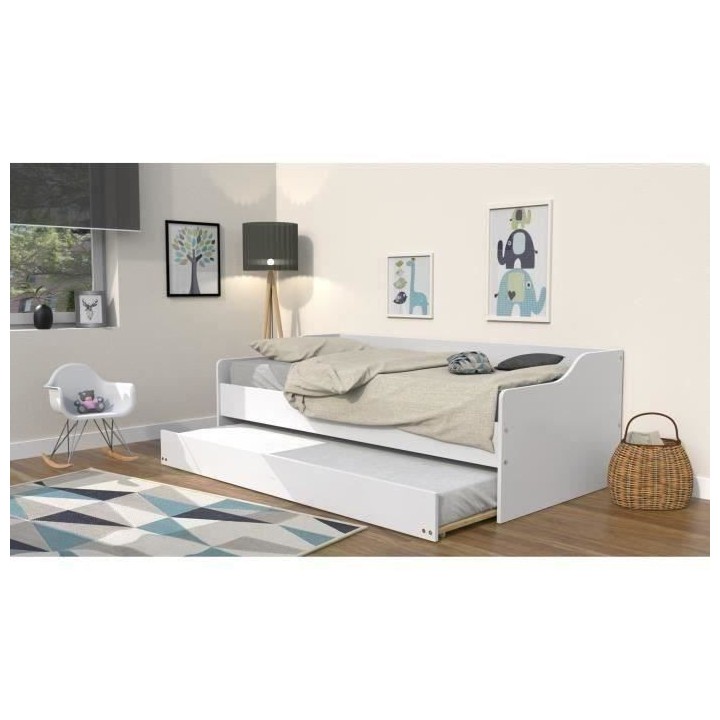 WEBER Lit gigogne contemporain blanc + sommier en bois épicéa massif