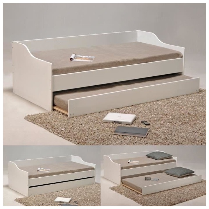 WEBER Lit gigogne contemporain blanc + sommier en bois épicéa massif