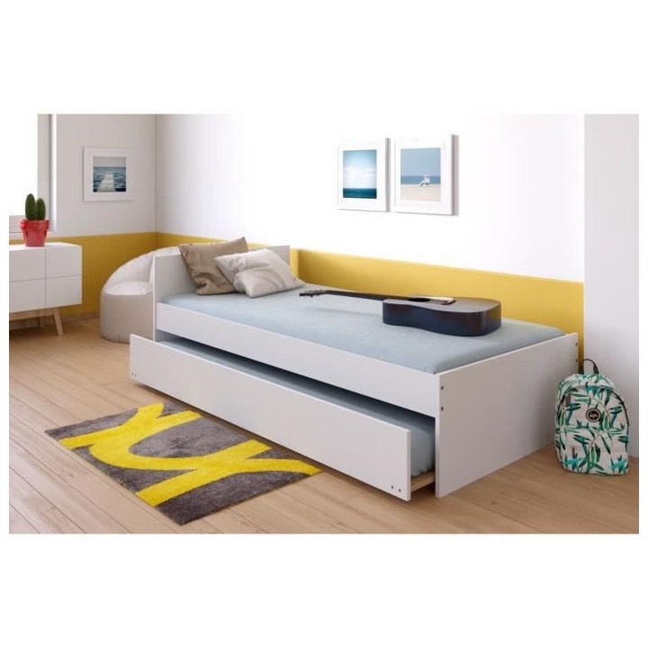 WEBER Lit gigogne enfant avec sommiers contemporain mélaminé blanc -