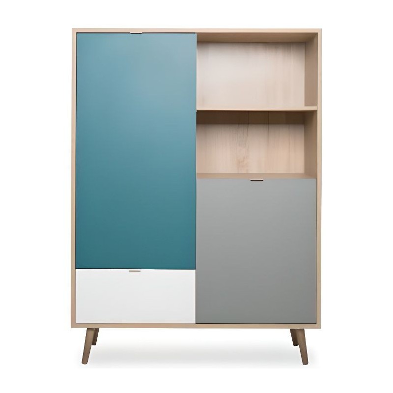 Buffet haut - Chene Sonoma, blanc, gris et bleu - Style scandinave - CUBA - L 103 x P 40 x H 139 cm