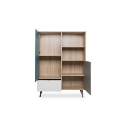 Buffet haut - Chene Sonoma, blanc, gris et bleu - Style scandinave - CUBA - L 103 x P 40 x H 139 cm