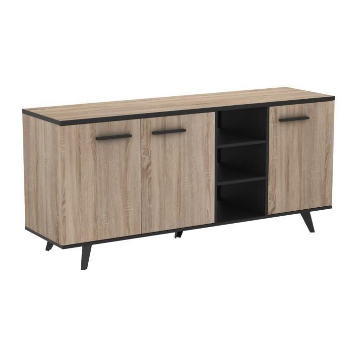 Buffet bas - Décor chene brossé et noir mat - Contemporain - WAYNE -