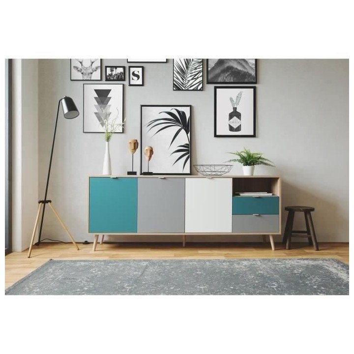 Buffet bas - Décor chene sonoma et blanc - Style scandinave - 3 porte