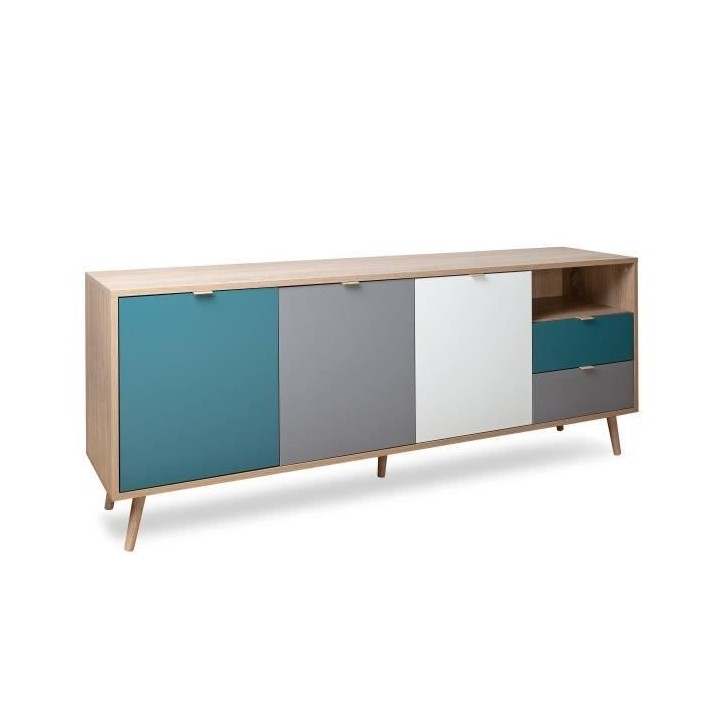 Buffet bas - Décor chene sonoma et blanc - Style scandinave - 3 porte