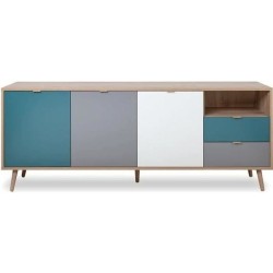 Buffet bas - Décor chene sonoma et blanc - Style scandinave - 3 portes - CUBA - L 180 cm