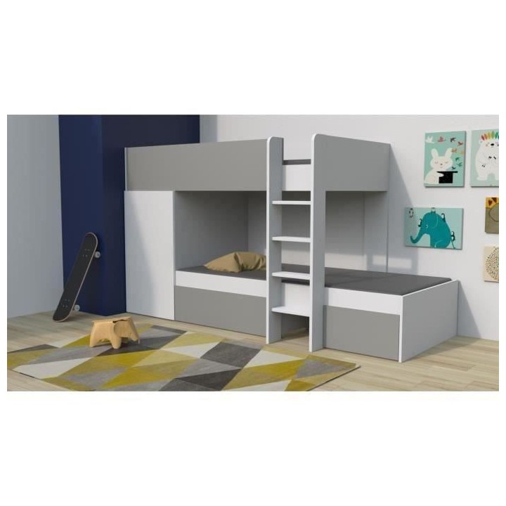 WEBER Lit superposé enfant contemporain blanc et gris - l 90 x L 190