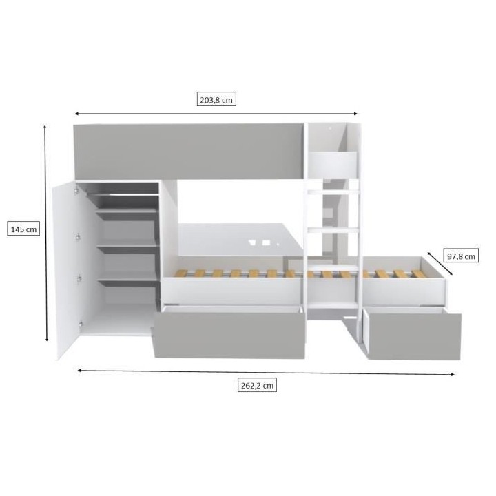 WEBER Lit superposé enfant contemporain blanc et gris - l 90 x L 190