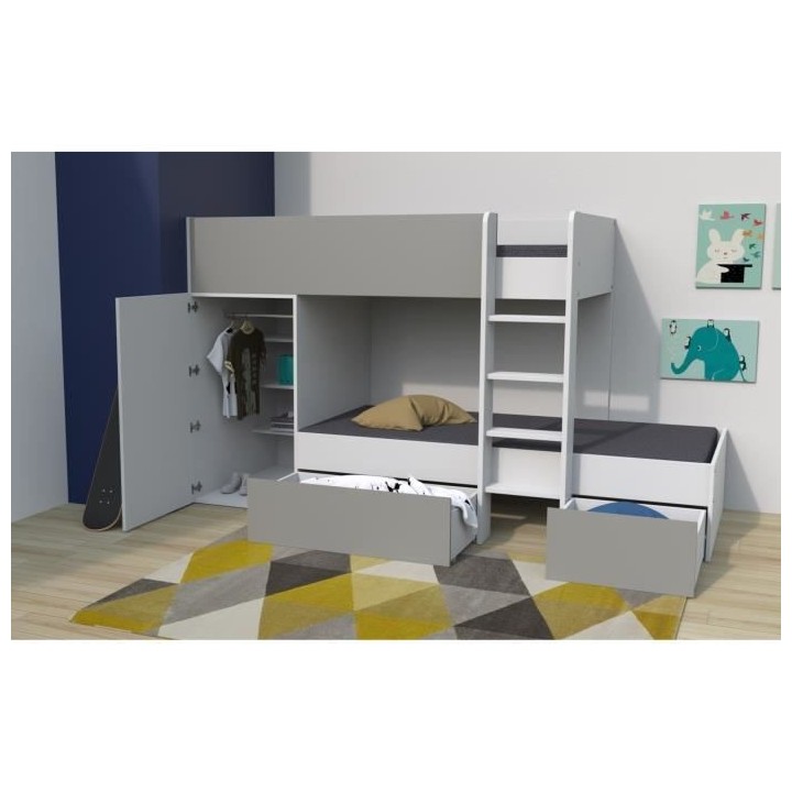 WEBER Lit superposé enfant contemporain blanc et gris - l 90 x L 190