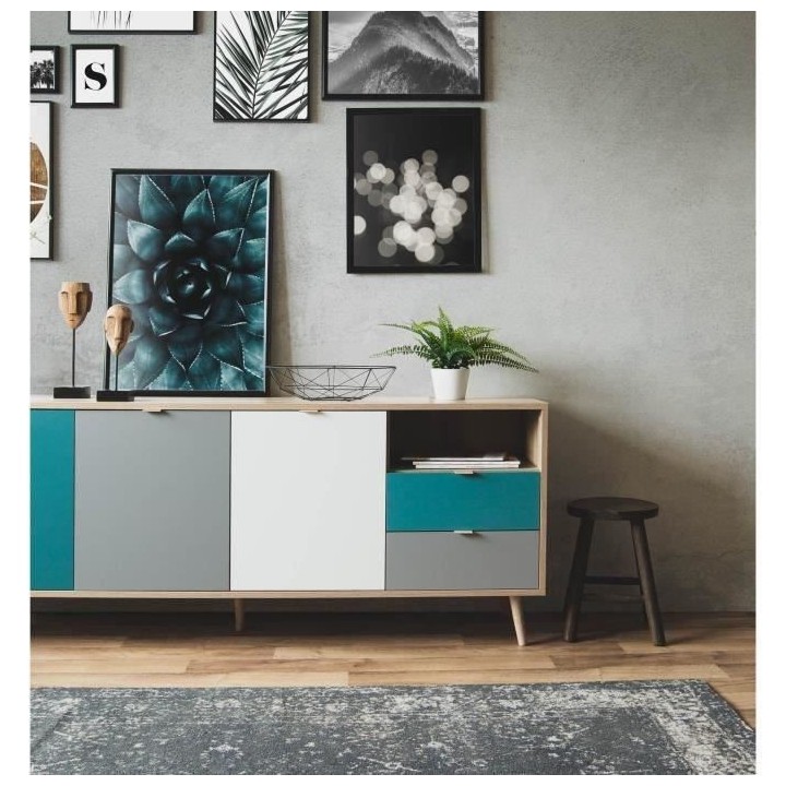 Buffet bas - Décor chene sonoma et blanc - Style scandinave - 3 porte