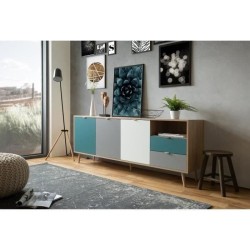 Buffet bas - Décor chene sonoma et blanc - Style scandinave - 3 portes - CUBA - L 180 cm