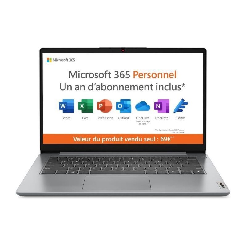 PC Portable - LENOVO IdeaPad 1 14IGL7 - 14'' FHD - Pentium N5030 - RAM 4Go - 128 Go SSD - Windows 11S - AZERTY + 1 an Office